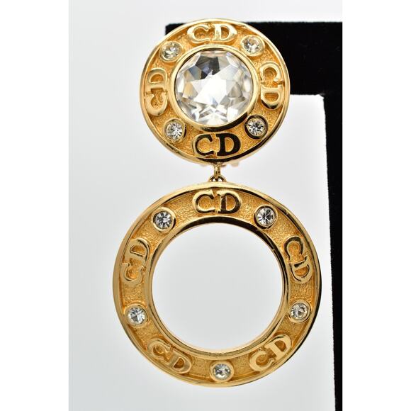 Christian Dior Vintage CD Logo Clip On Earrings Crystal Gold Chunky Signed Bin5 - Picture 6 of 12